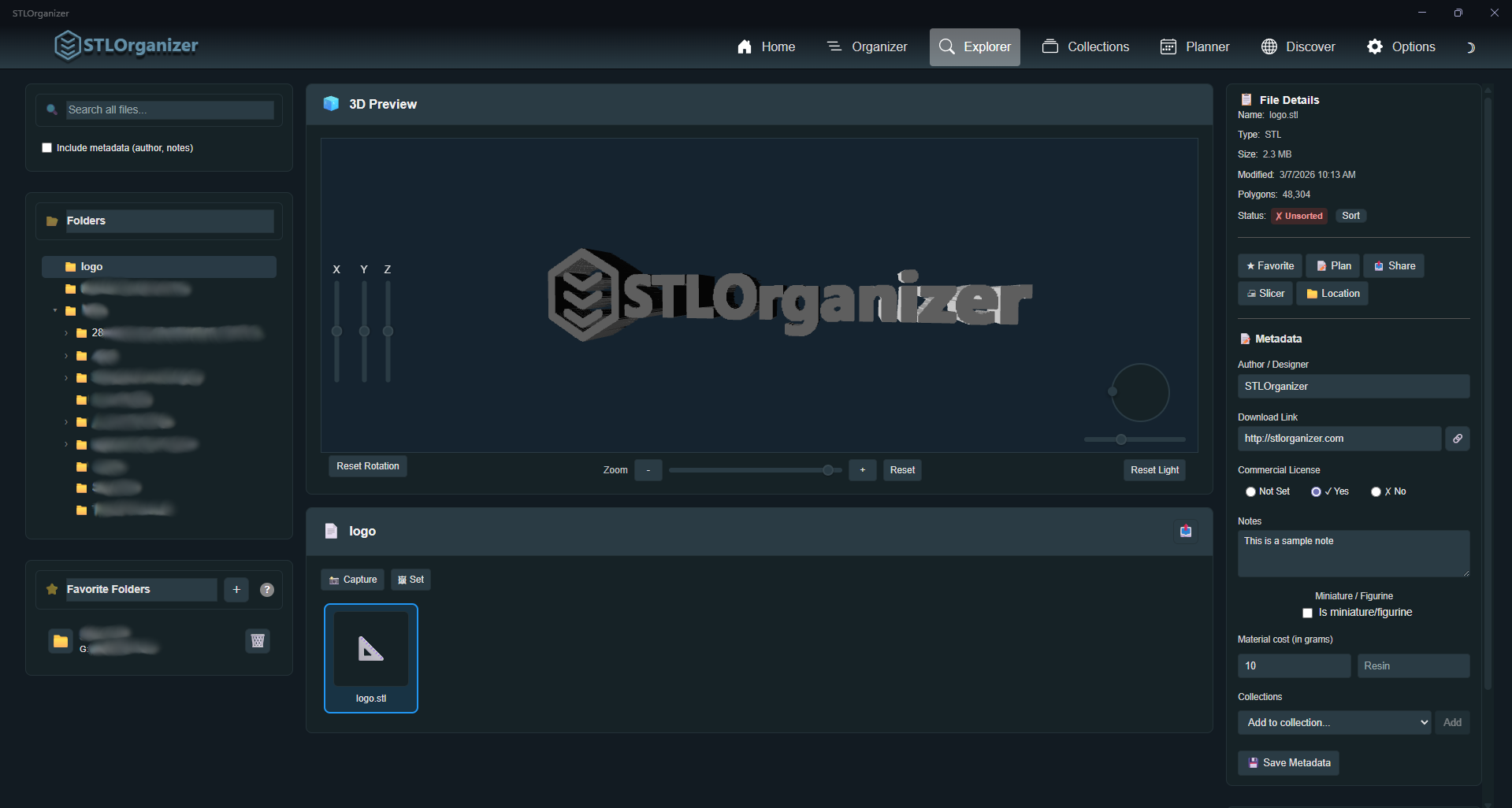 The Explorer view: 3D preview, file details, and metadata editor