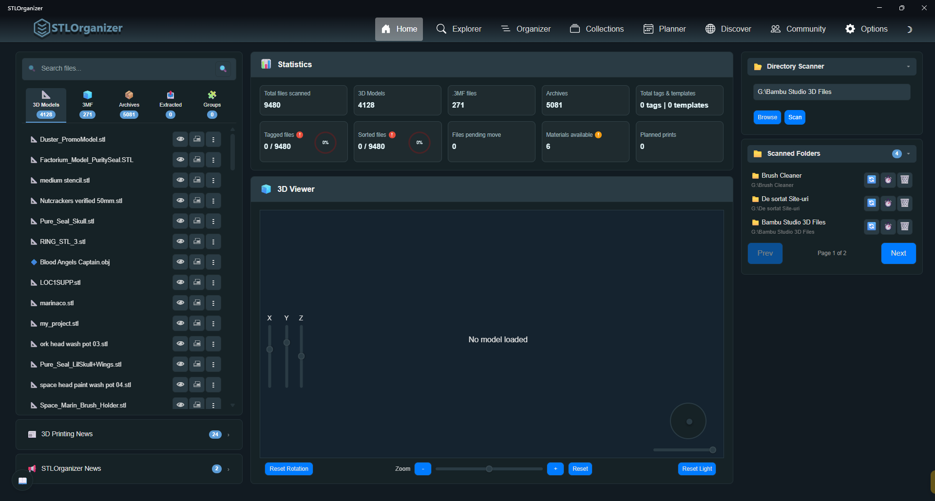 STLOrganizer Home — Statistics dashboard with directory scanner and scanned folders