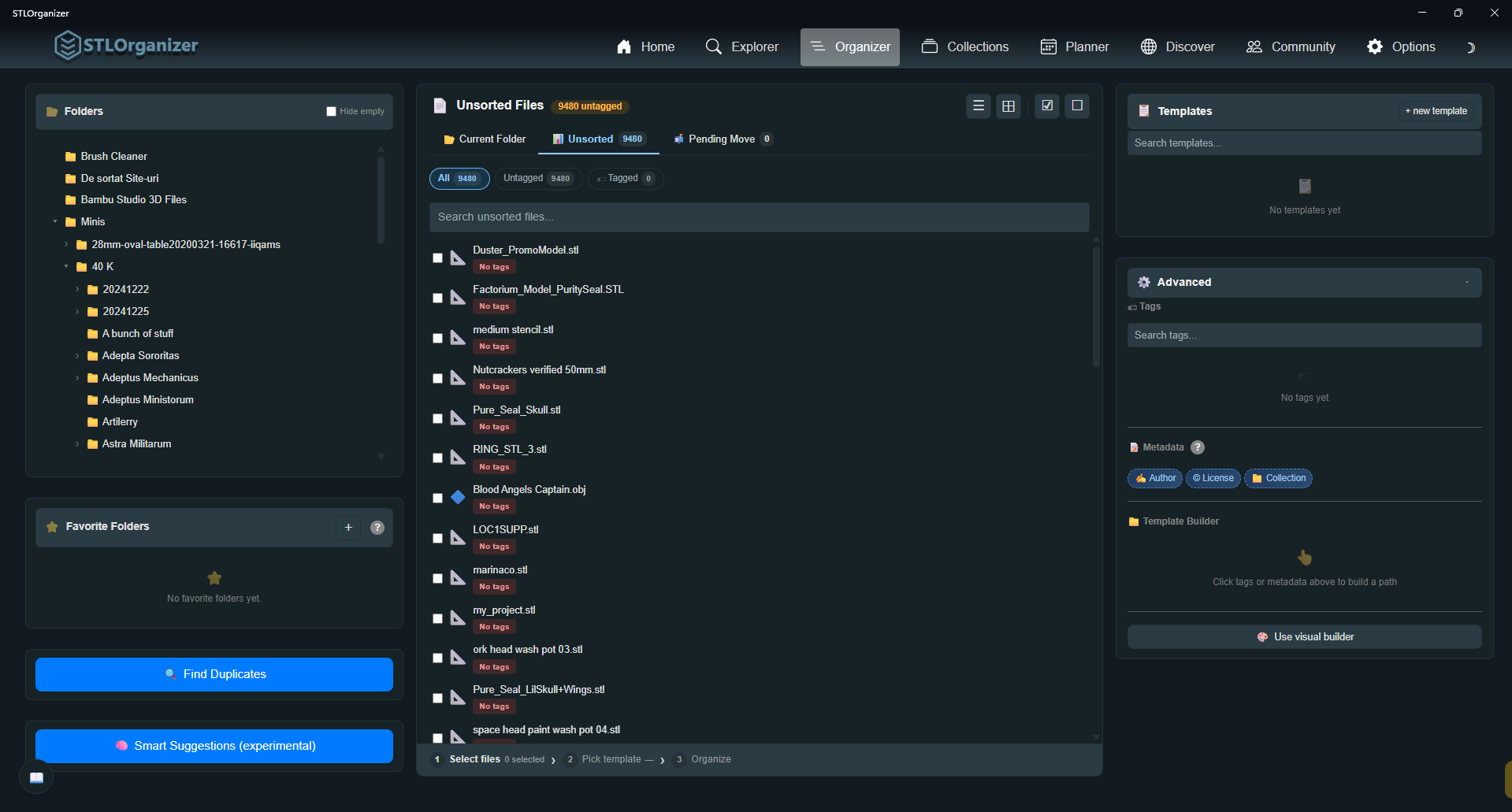 The Organizer view: thumbnails, path tags, and template builder