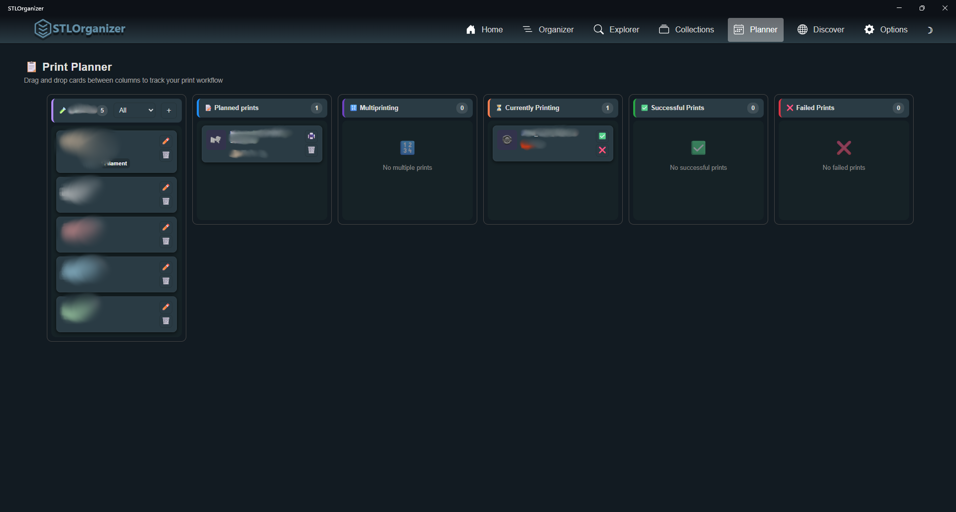 The Planner kanban board: filament spools and print stages